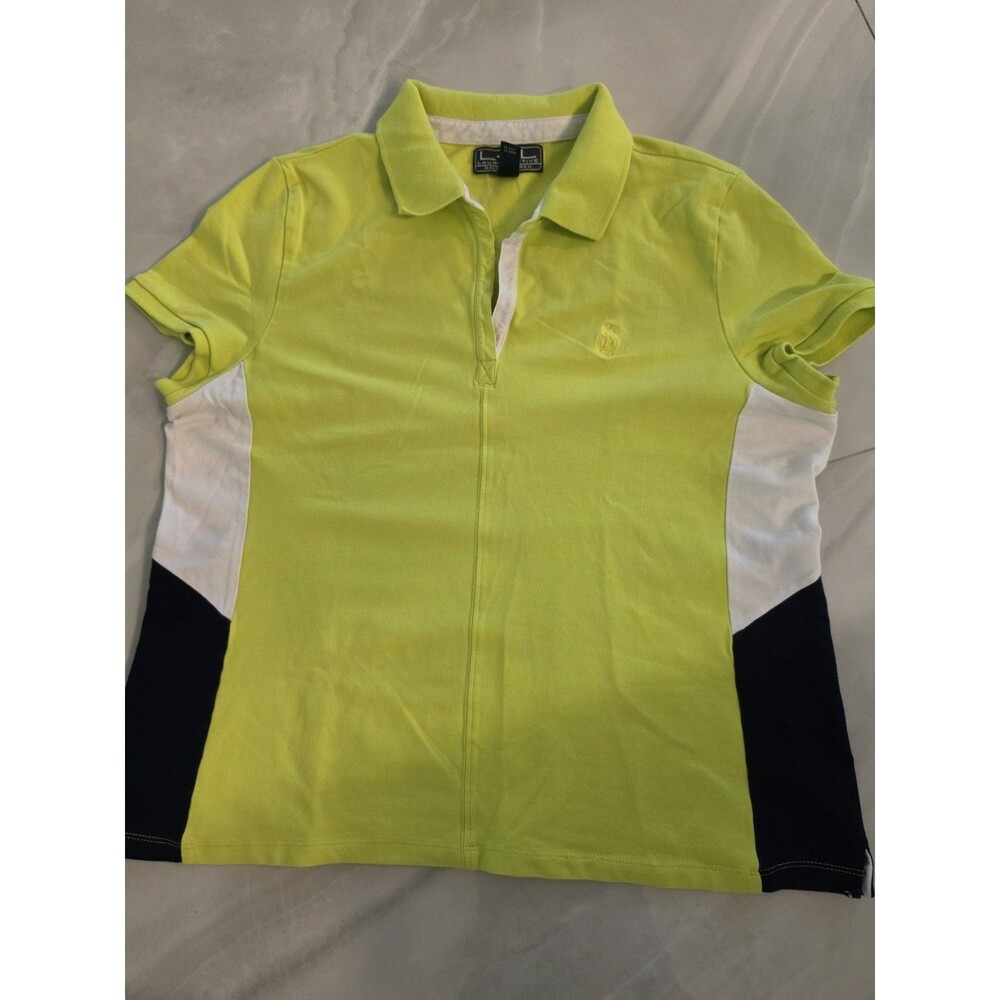 L-RL Lauren Active Polo Shirt Women’s Vibrant Lime Green V-Neck Cotton XL